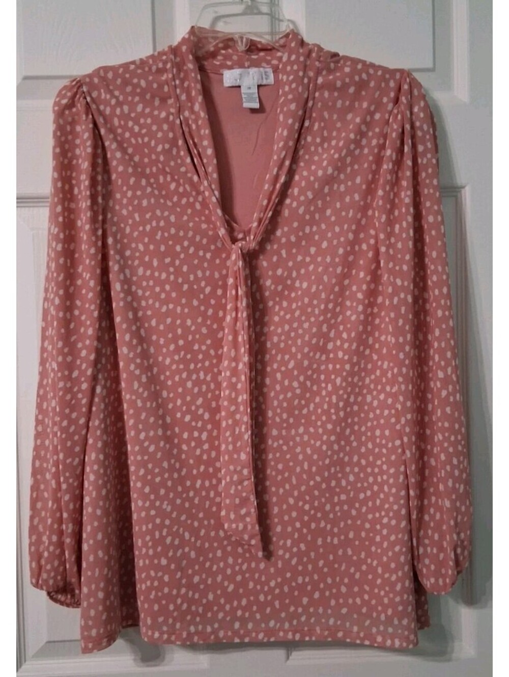 Pink Polka Dot, Tie Neck, Women’s Blouse, Shirred Shoulders So It Is, EUC, 2x